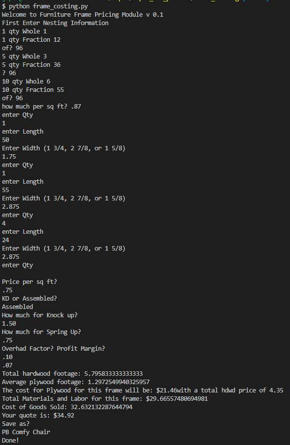Frame Costing Application